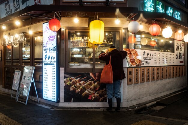 Cliente de tiro completo comprando foo de rua japonesa