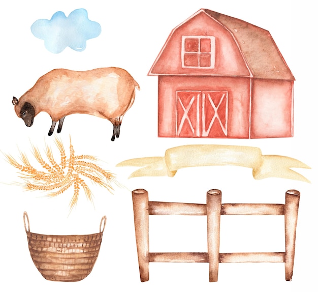Clip-art de animais de fazenda, clip art de ovelha desenhada à mão em aquarela, ilustração fofa, clipart de celeiro, conjunto de aldeia Foto Premium
