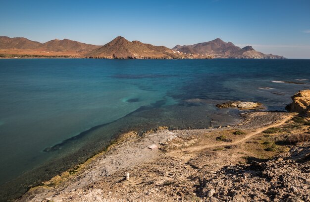 Close da praia Los Genoveses em San Jose, Parque Natural de Cabo de Gata, Espanha