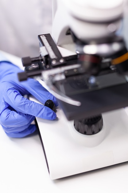 Close das mãos da médica analisando resultados de testes de microbiologia de doenças