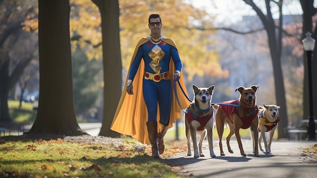 Close de super-heróis passeando com cachorros