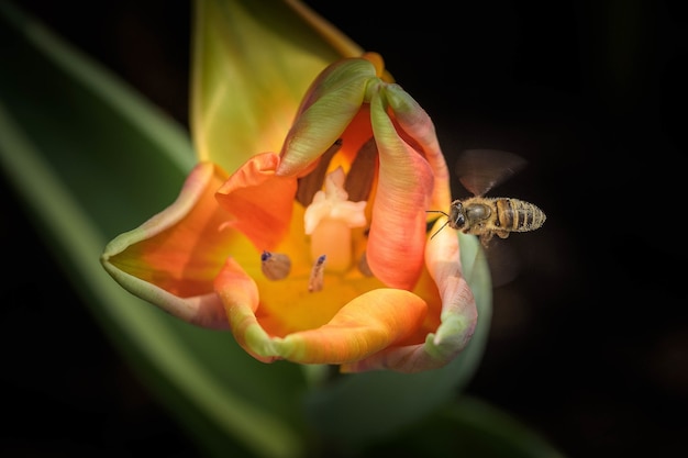 Close de uma abelha em uma flor de laranjeira