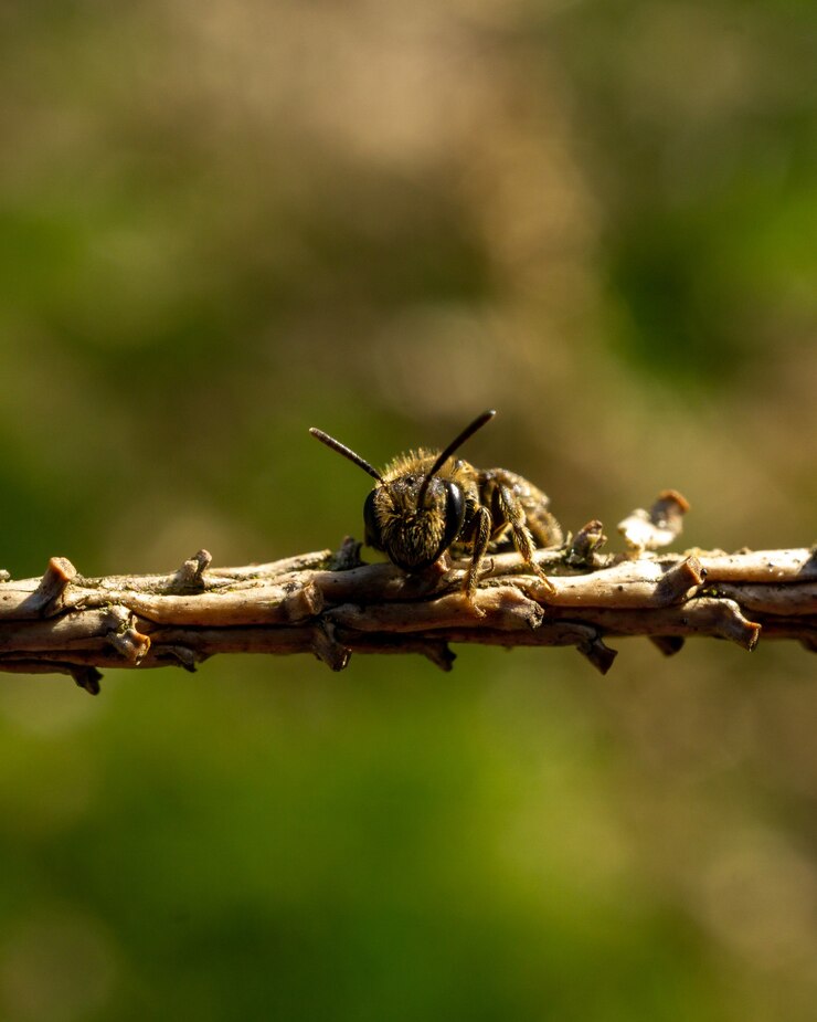 Foto grátis close de uma abelha no galho de uma árvore contra o fundo verde embaçado