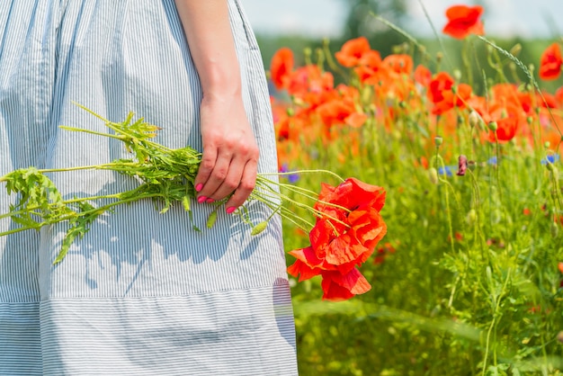 Close de uma jovem mulher bonita com um buquê de papoula nas mãos em um campo de papoulas em um dia ensolarado de verão