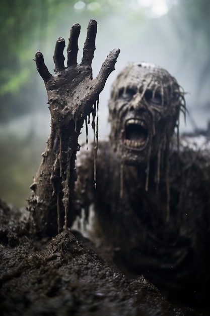 Foto grátis close do zumbi saindo da sujeira