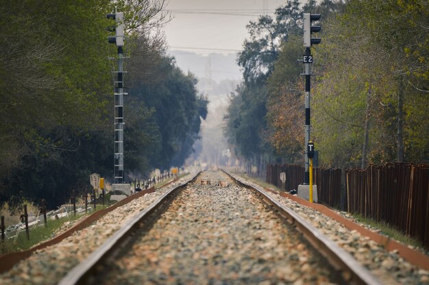 Close dos trilhos do trem e uma cerca de madeira à direita