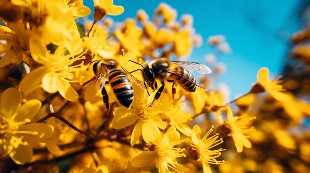Close em abelhas coletando pólen