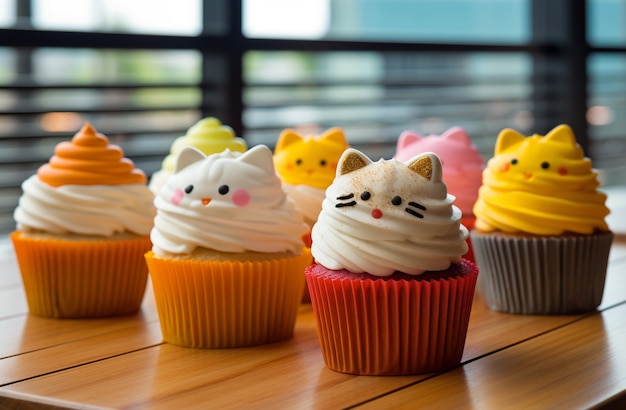 Foto grátis close em cupcakes coloridos com cobertura de gato