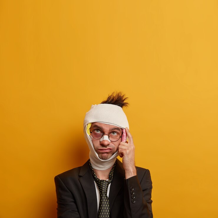 Foto grátis close em homem ferido com hematoma escuro sob os olhos e concussão cerebral, usa bandagem