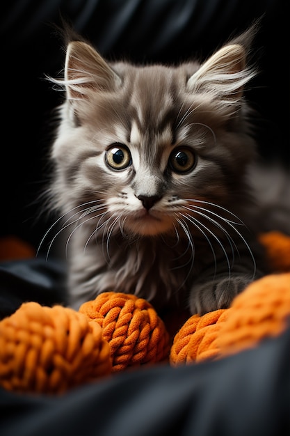Close em um gatinho adorável perto de lã