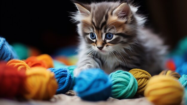 Close em um gatinho com novelos de lã