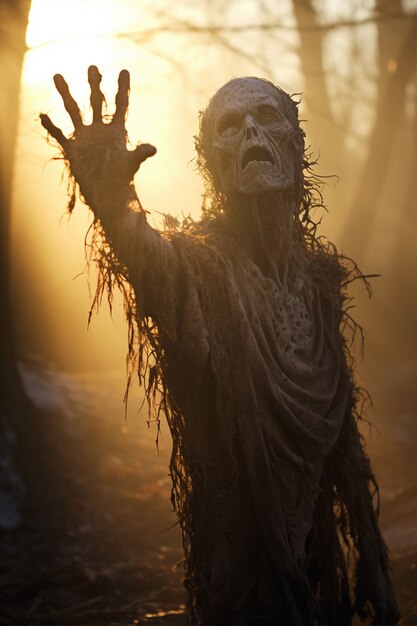 Close em zumbi na floresta