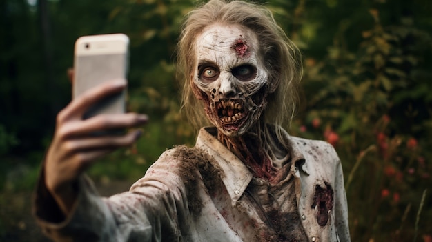 Foto grátis close em zumbi tirando selfie