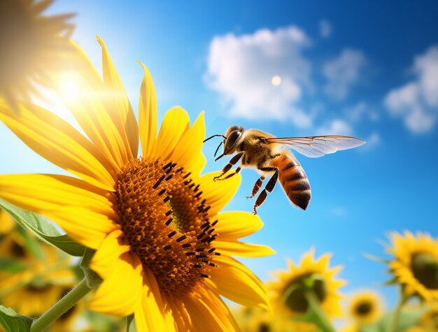 Close na abelha coletando néctar