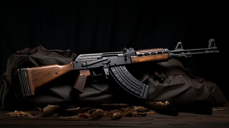 Foto grátis close na ak-47 ao lado de sacos de munição