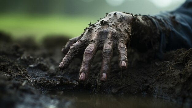 Close na mão do zumbi saindo da sujeira
