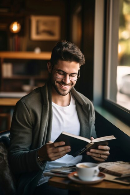 Close no homem sorrindo enquanto lê
