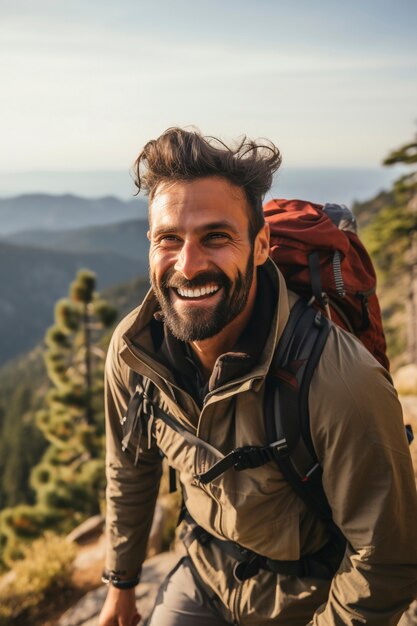 Close no homem sorrindo na natureza