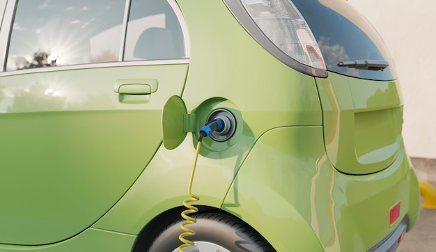 Close-up 3D do modelo de carro elétrico carregando