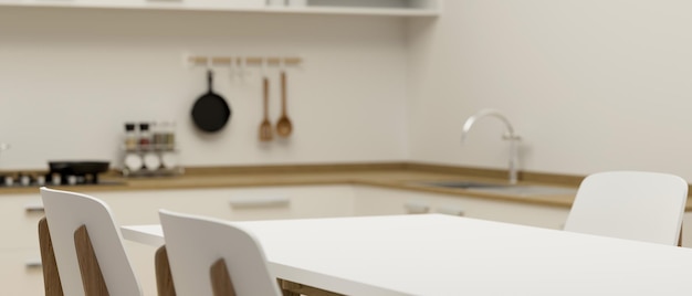 Close up, copie o espaço para o produto de montagem na mesa de jantar branca moderna na sala da cozinha minimalista branca. renderização 3d, ilustração 3d