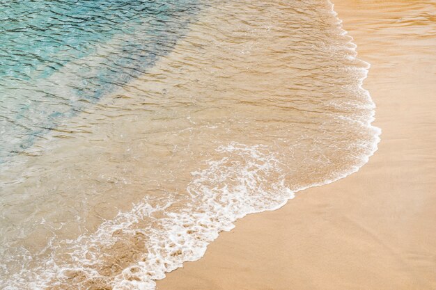 Close-up da água do mar, tocando a areia na costa