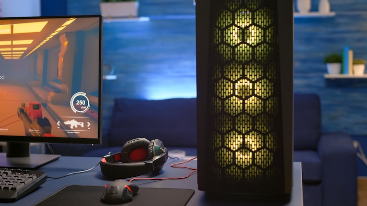 Foto grátis close-up da área de trabalho do sistema rgb, jogador profissional jogando videogame de tiro em primeira pessoa durante a competição online. o estúdio de streaming está equipado com configuração profissional com um pc poderoso pronto para jogos online