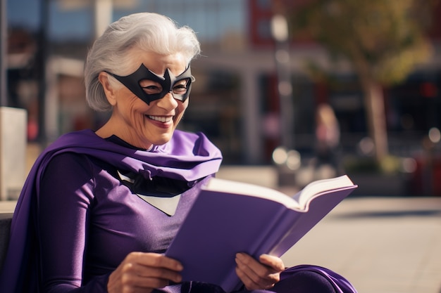 Close-up da mulher super-heroína em traje roxo