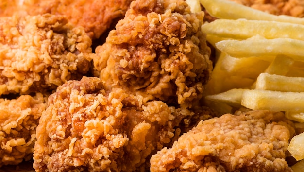 Foto grátis close-up de asas de frango frito com batatas fritas