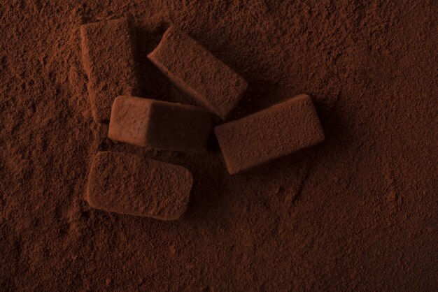 Close-up de bombons de chocolate saborosos escuros, cobertos de chocolate em pó