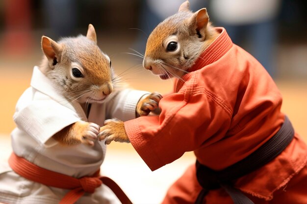 Close-up de esquilos a fazer artes marciais