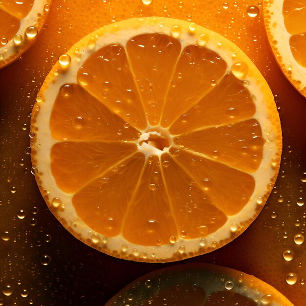 Close-up de fatias de laranja com gotas de água em um fundo escuro