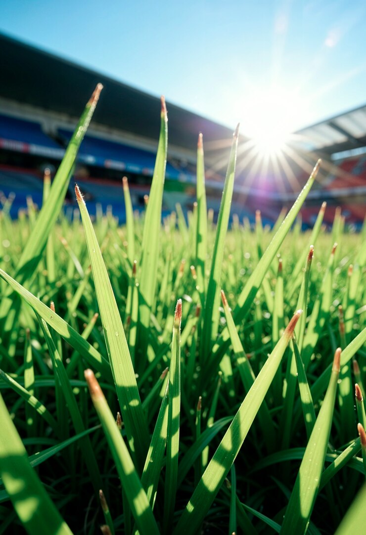 Foto grátis close-up de folhas de grama com estádio e sol