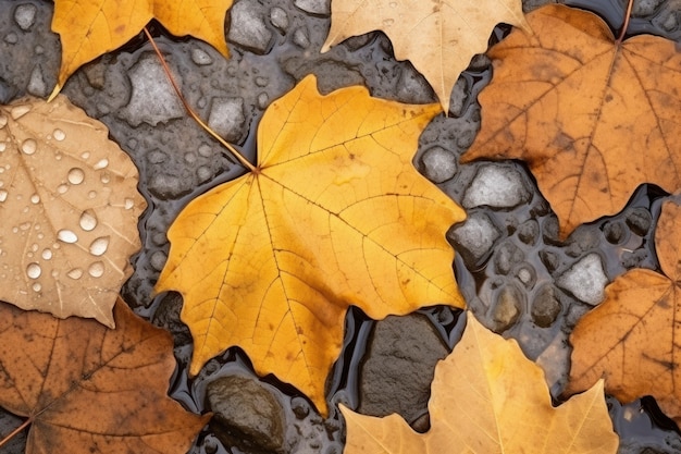 Foto grátis close-up de folhas de outono secas com gotas de orvalho