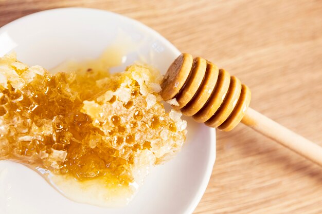 Close-up, de, fresco, favo de mel, e, dipper mel, ligado, prato cerâmico