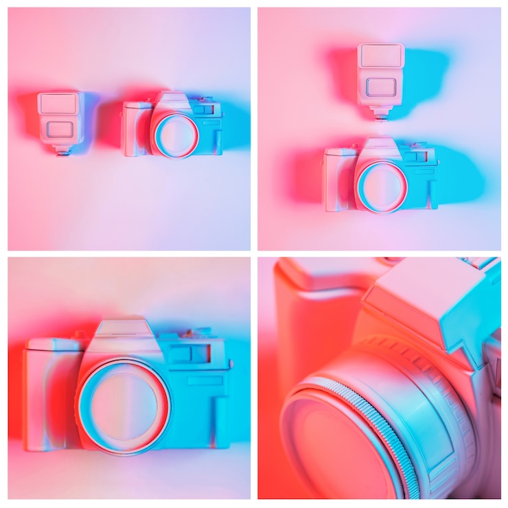Foto grátis close-up, de, pintado, câmera, colagem, contra, fundo cor-de-rosa
