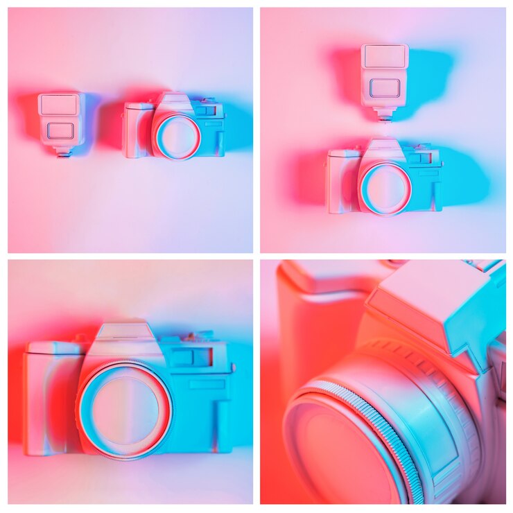 Foto grátis close-up, de, pintado, câmera, colagem, contra, fundo cor-de-rosa