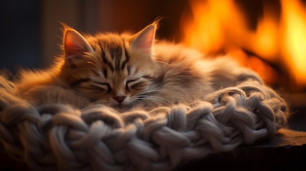 Close-up de um gatinho adorável dormindo em um cobertor