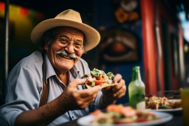 Close-up de um homem idoso comendo um delicioso taco