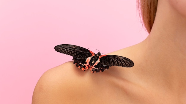 Close-up de uma borboleta no ombro