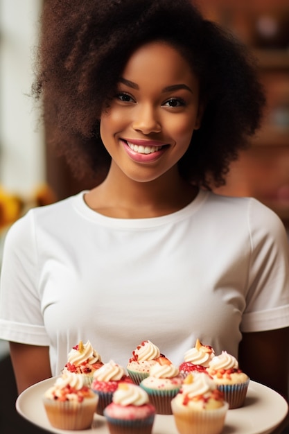 Close-up de uma mulher com deliciosos cupcakes