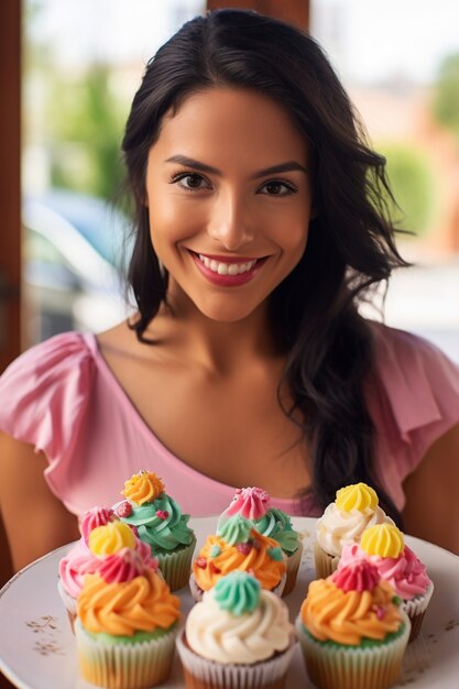 Close-up de uma mulher com deliciosos cupcakes