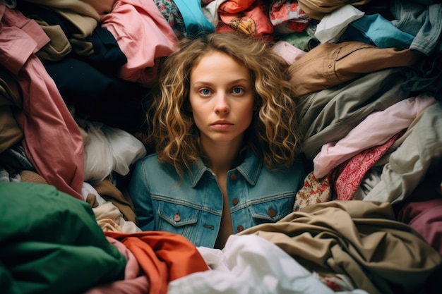 Foto grátis close-up de uma mulher na frente de uma pilha de roupas