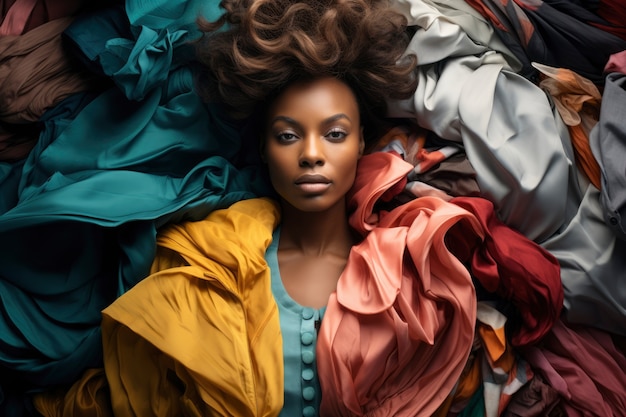 Close-up de uma mulher na frente de uma pilha de roupas