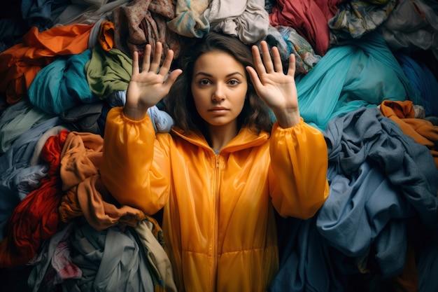 Close-up de uma mulher na frente de uma pilha de roupas