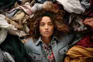 Foto grátis close-up de uma mulher na frente de uma pilha de roupas