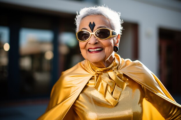 Close-up de uma mulher super-herói ao ar livre