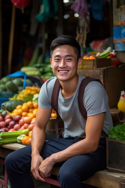 Close-up do homem sorrindo no mercado