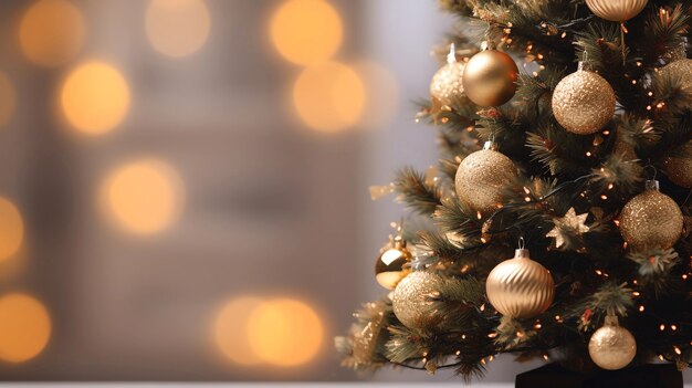 Close-up do ramo da árvore de Natal com ornamentos