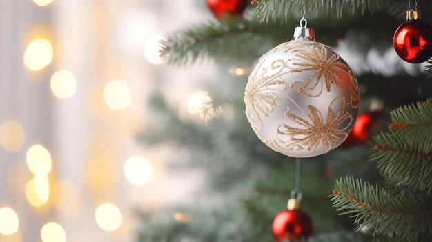 Close-up do ramo da árvore de Natal com ornamentos