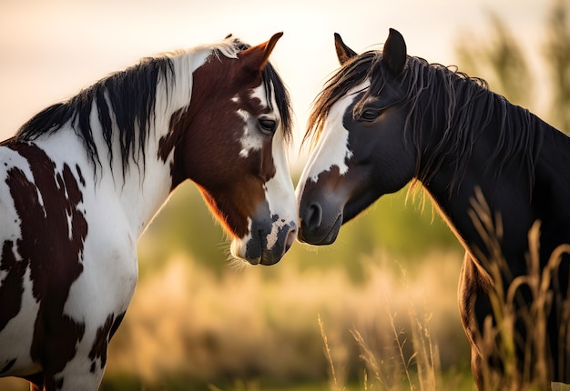 Foto grátis close-up em cavalos tocando narizes